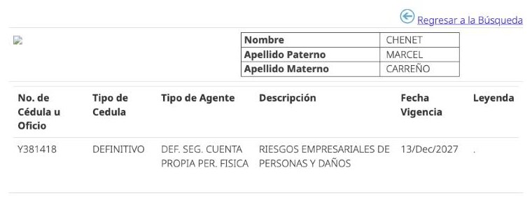 Resultado del buscador de agentes de la CNSF con la cédula Y381418: definitiva, cuenta propia, riesgos empresariales de personas y daños, vigente al 13 de diciembre de 2027